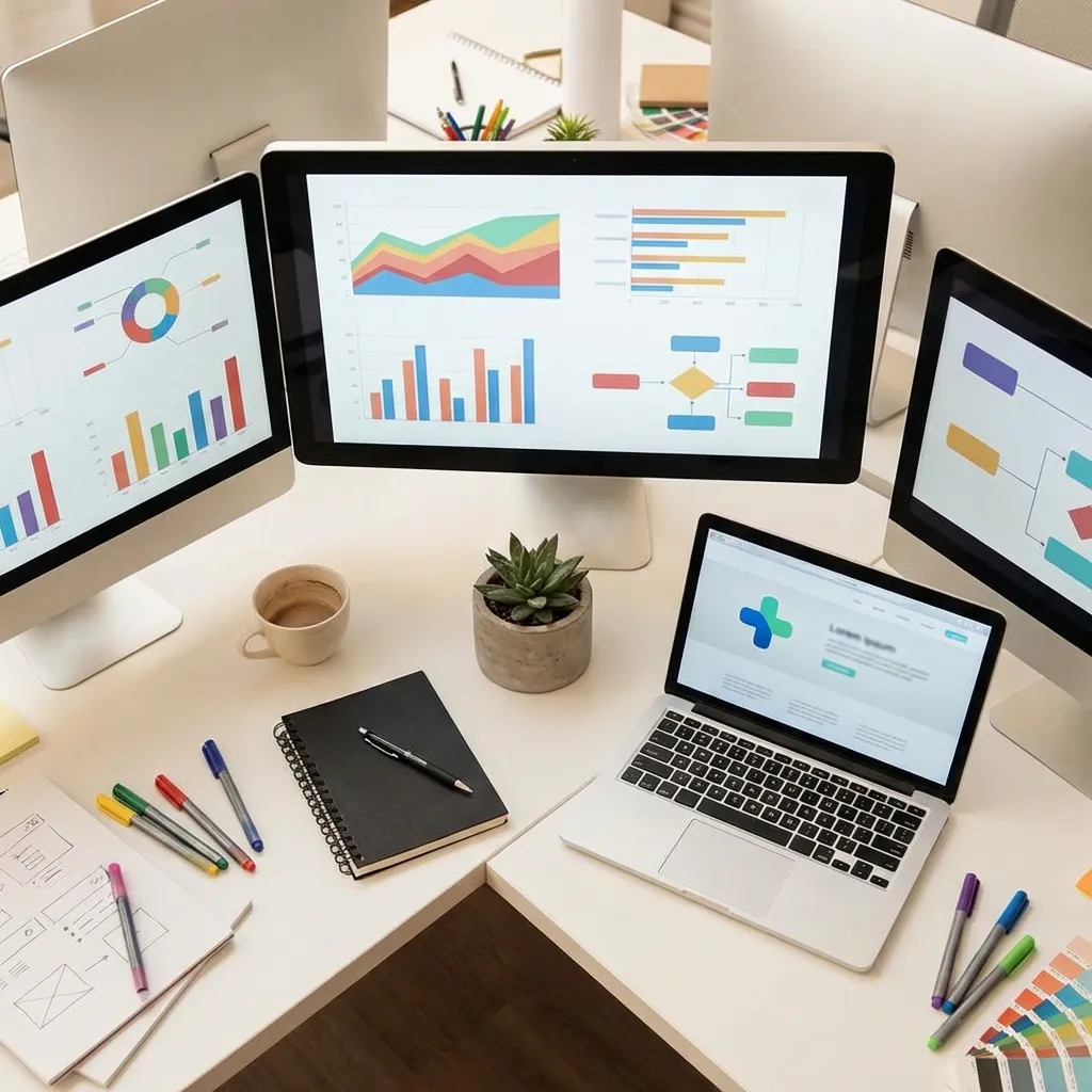 Estelle Digital Designs marketing workspace with analytics dashboards