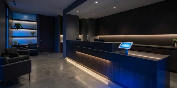 Modern medical office reception with patient checking in on tablet - representing patient acquisition through digital marketing