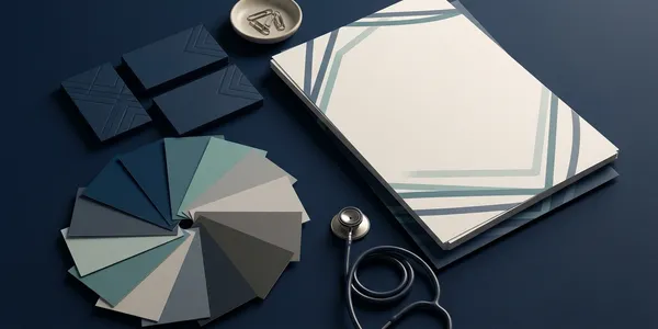 Brand identity flat-lay with business cards, letterhead and stethoscope - representing healthcare brand development