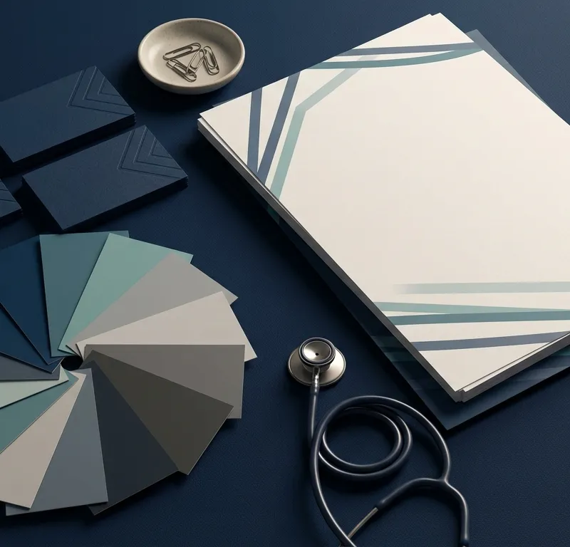 Brand identity flat-lay with business cards, letterhead and stethoscope - representing healthcare brand development