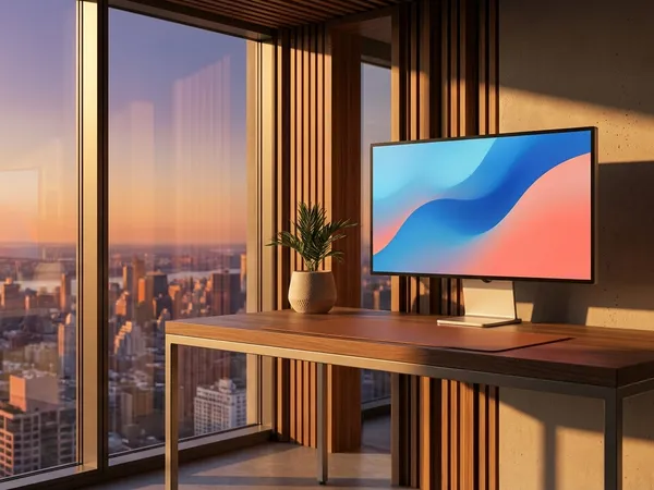 Modern office with city skyline view at golden hour